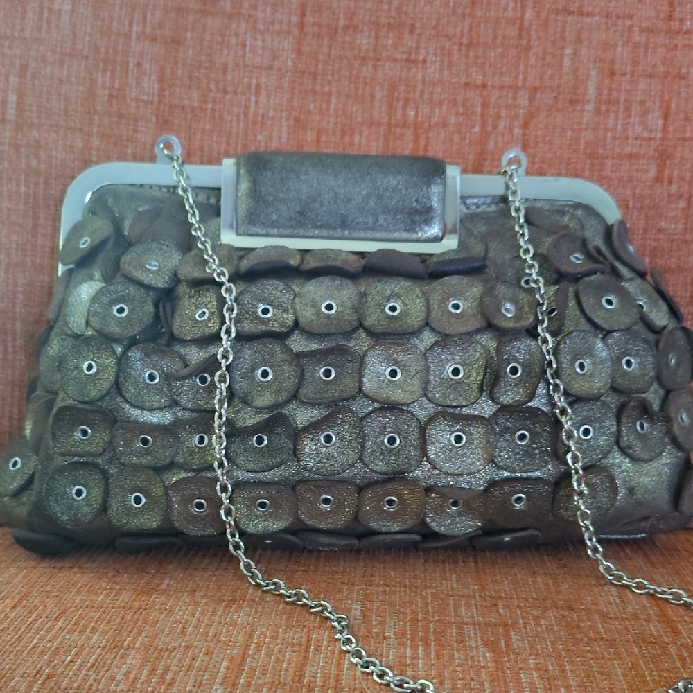 Annabel Ingall Brown Clutch with Chain Strap and Circular Embellishments